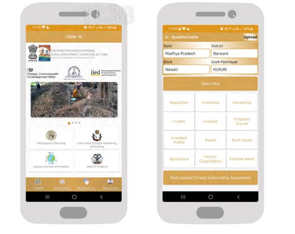 Illustrations of two screens on a mobile phone showing the options users have - buttons to click on and information to enter into fields.