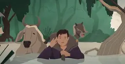 Animation of a man walking in flood water carrying a goat, and a cow