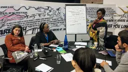 Men and women sit around a table listening to a woman talk next to a white flipboard. behind them is a giant illustration related to climate change.