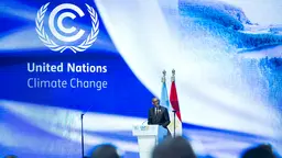 A man stands behind a podium in the distance, in front of a backdrop that says "United Nations Climate Change"