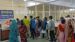 People queue in front of a desk