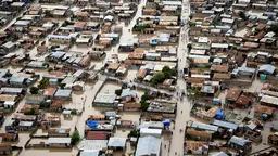 Aerial view of flooded town