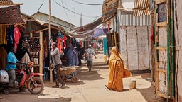 People walking down a market on an unpaved