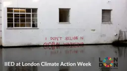 Text saying "I don't believe in global warming" written on a wall beside a canal, with the water overlapping the bottom of the words.