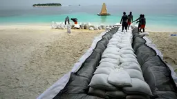 Men pile up sandbags in a long line on a beach, with the ocean in the background.