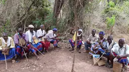 Ten elders sir on benches in a forest.