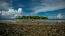 A couple walking a dog on a small island very close to the water.	