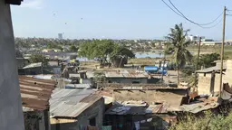 View of informal housing and vegetation in the background.