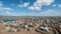 Aerial view of desert refugee camp with makeshift homes.