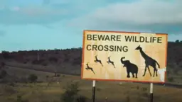 Sign with animal shapes reads "Beware wildlife crossing"