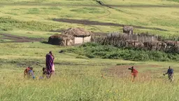 A few pastoralists oversee land with a hut in the background.