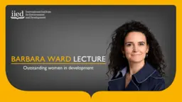 Head and shoulder of Mafalda Duarte with the text "Barbara Ward Lecture, outstanding women in development".