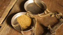 Two scale pans, one containing gold powder.