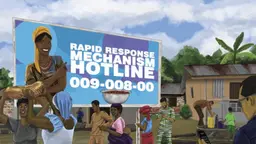 Drawing of a billboard advertising an RRM hotline. It includes a picture of a smiling woman.