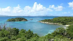 A green coastline with a green island further out in a blue sea. A blue sky above.