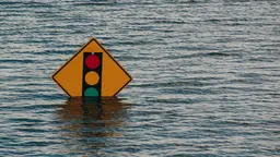 Traffic sign half submerged under water