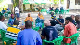 A group of women and men are seated outside in discussion. 