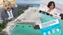 An aerial view of a small harbour/coastal defence project showing land to the left, and sea to the right, overland with head and shoulders photos of people in a montage effect.