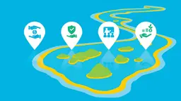 Infographic of a group of islands and four icons floating above it. The graphics are: dollar sign between two hands, check sign floating above a palm, person speaking in front of a group and coins and a dollar sign floating above a palm. 