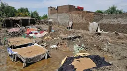 Buildings destroyed after devastating floods in Pakistan. 