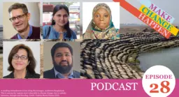 Graphic card containing head and shoulder images of all five podcast speakers, on top of an image of a snadbag embankment in low-lying Shyamnagar. 