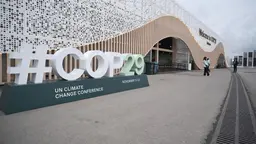 Image of big #COP29 outside building in Baku