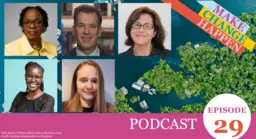 Graphic card of an image of houses on water in Brazil with text and headshots of Lindlyn Moma, Simon Cullen, Rose Mosi, Nicola Sorsby and Laura Kelly on top.