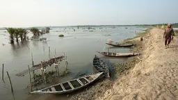 A man walk on a sandy path alongside a body of water, with a small canoe in the foreground.