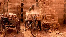 A man forges bricks in a kiln on the back of a bike, with mountains of bricks stacked up behind him.