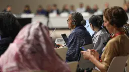 A number of seated women, one sitting behind a country sign, another holding a mobile phone, take part in a negotiation discussion.