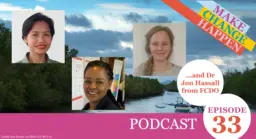 Graphic card containing head and shoulder images of three podcast speakers, on top of an image of a river in the Philippines.