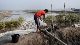A man turns on a pipe so water gushed out of it, stood alongside a water course.