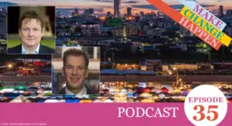Graphic card containing head and shoulder images of the two podcast speakers, on top of an image of a city at night.