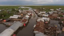 Aerial view of a village in Uganda flooded.