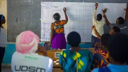 Group of people in a class room. Some are writing over a flipchart, others are watching and adding comments from the classroom seats.