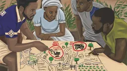 Illustration of four community members crouching down and pointing at a drawn plan for urban planning.