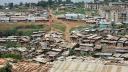Aerial view of the Kibera neighborhood in Nairobi, Kenya.