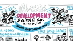 Illustration from Development and Climate Days 2025. Text says 'Development and Climate Days, October 30 2025. Turning ambition into action'.