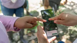 Two people pointing at a smartphone screen showing a map for a forest area.