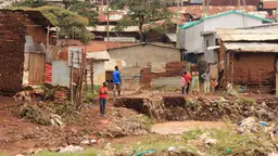 A long-distance view of shacks built on the edge of debris-strewn water.