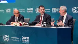 UN Climate Change Executive Secretary Simon Stiell, Türkiye's Minister of Environment, Urbanization and Climate Change and COP31 President-Designate Murat Kurum, and COP30 President André Corrêa do Lago during a preparatory press conference for COP31 held in Istanbul.