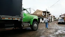 Truck driver standing with their back to a big green truck.