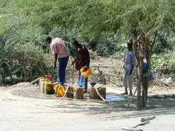 Men filling plastic containers with water. Niger.