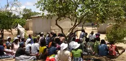People from Zimbabwe sit under a tree with a concrete building behind.