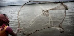 A woman fishing off the island of Padma Pakur. 