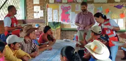 People in a Nicaraguan village play a game to learn how climate change adaptation, ecosystem management and disaster risk reduction fit together (Photo: Maya Schaerer/NLRC) 