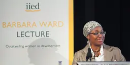 Fatima Denton delivers the 2014 Barbara Ward Lecture at the British Library in London in November 2014 (Photo: Julius Honnor/IIED)