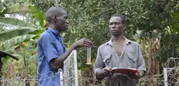 A father and son record measurements from a rain gauge on their farm in Western Uganda. Changes in rainfall patterns could significantly impact rural populations (Photo: J. Recha/CCAFS, Creative Commons via Flickr)