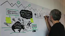 Illustrator Jorge Martin creates a 'living graphic' to chart the conversations on 'tough talk on poverty and climate' at the 2015 Development & Climate Days (Photo: IIED/Matt Wright)