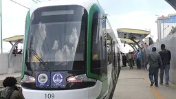 An image of the front of a stationary train on the Addis Ababa light rail system, which opened in 2015, and was the first to be built in Sub-Saharan Africa. The two railway lines, which have their own dedicated power grid, demonstrate how Ethiopia is seeking low-carbon energy initiatives (Photo: Wikipedia, via Google licence)